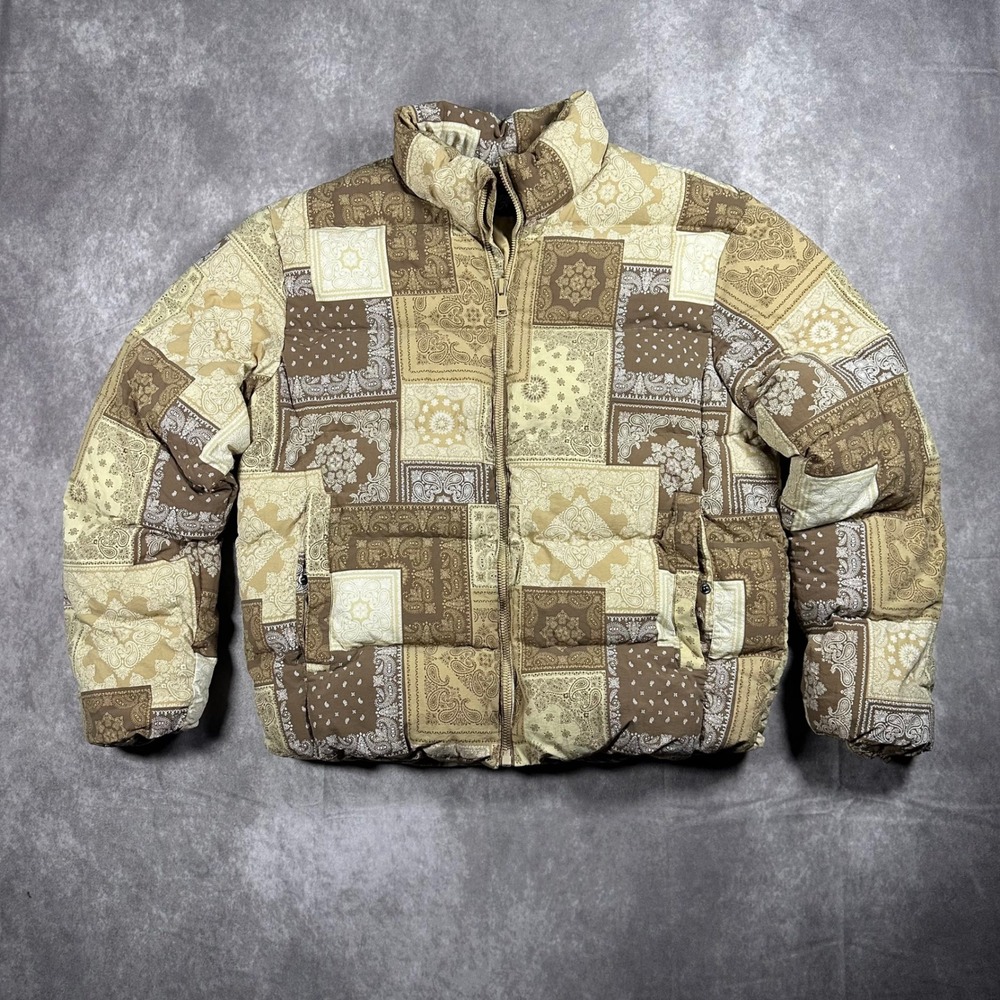 Maison Article Bandana Patchwork Puffer Jacket Brown Tan Streetwear Full Zip L